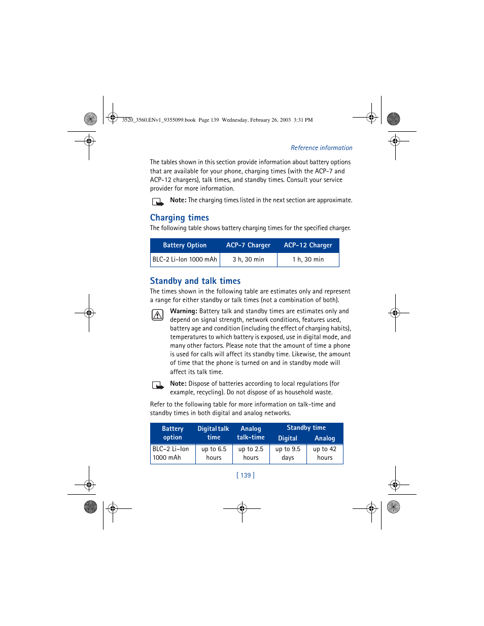 Charging times, Standby and talk times | Nokia 3520 User Manual | Page 149 / 184