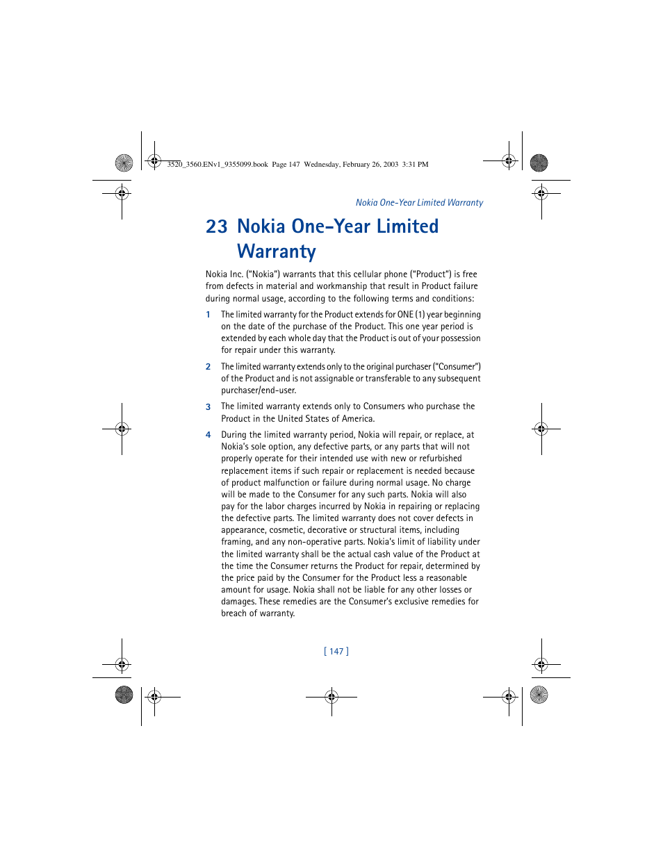 23 nokia one-year limited warranty | Nokia 3520 User Manual | Page 157 / 184