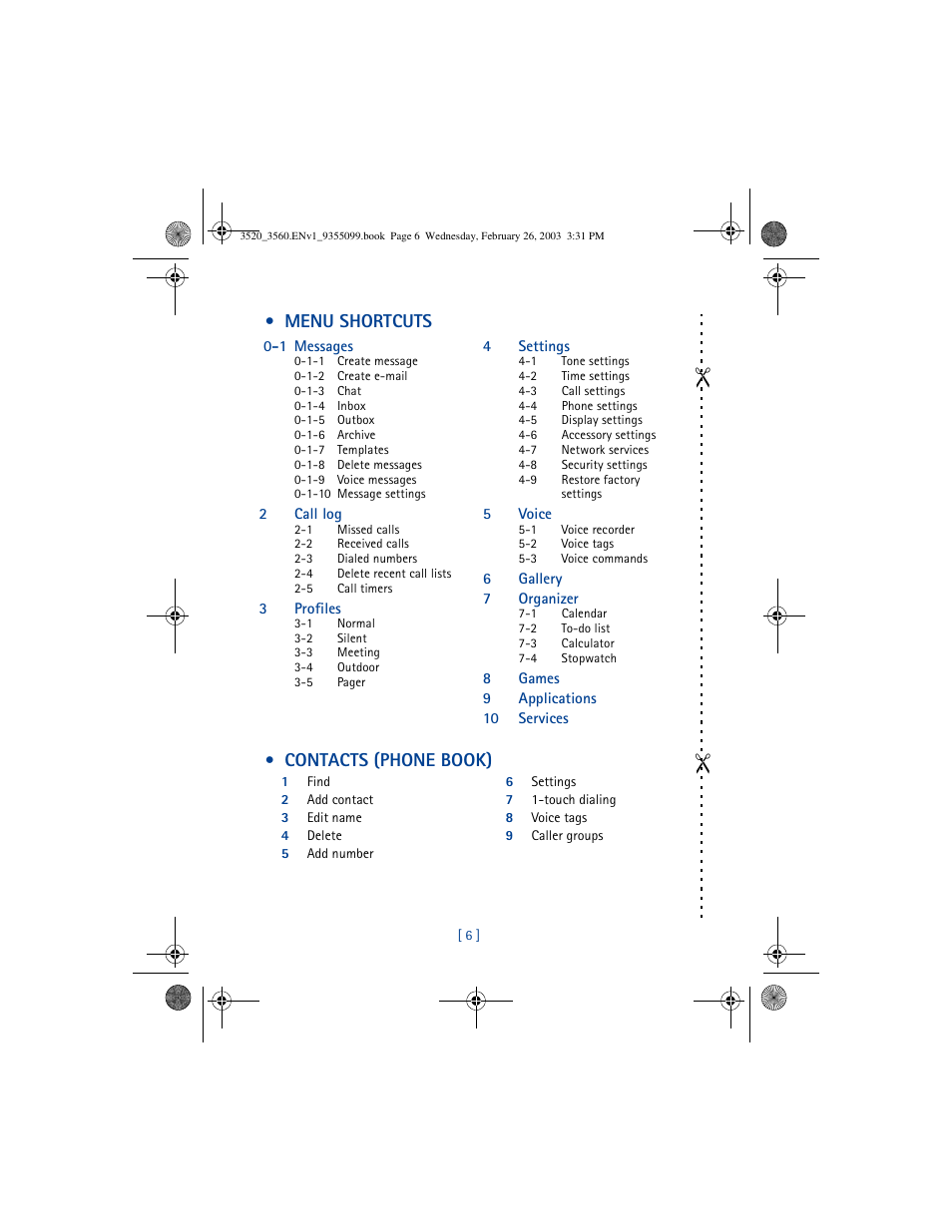 Menu shortcuts, Contacts (phone book) | Nokia 3520 User Manual | Page 16 / 184