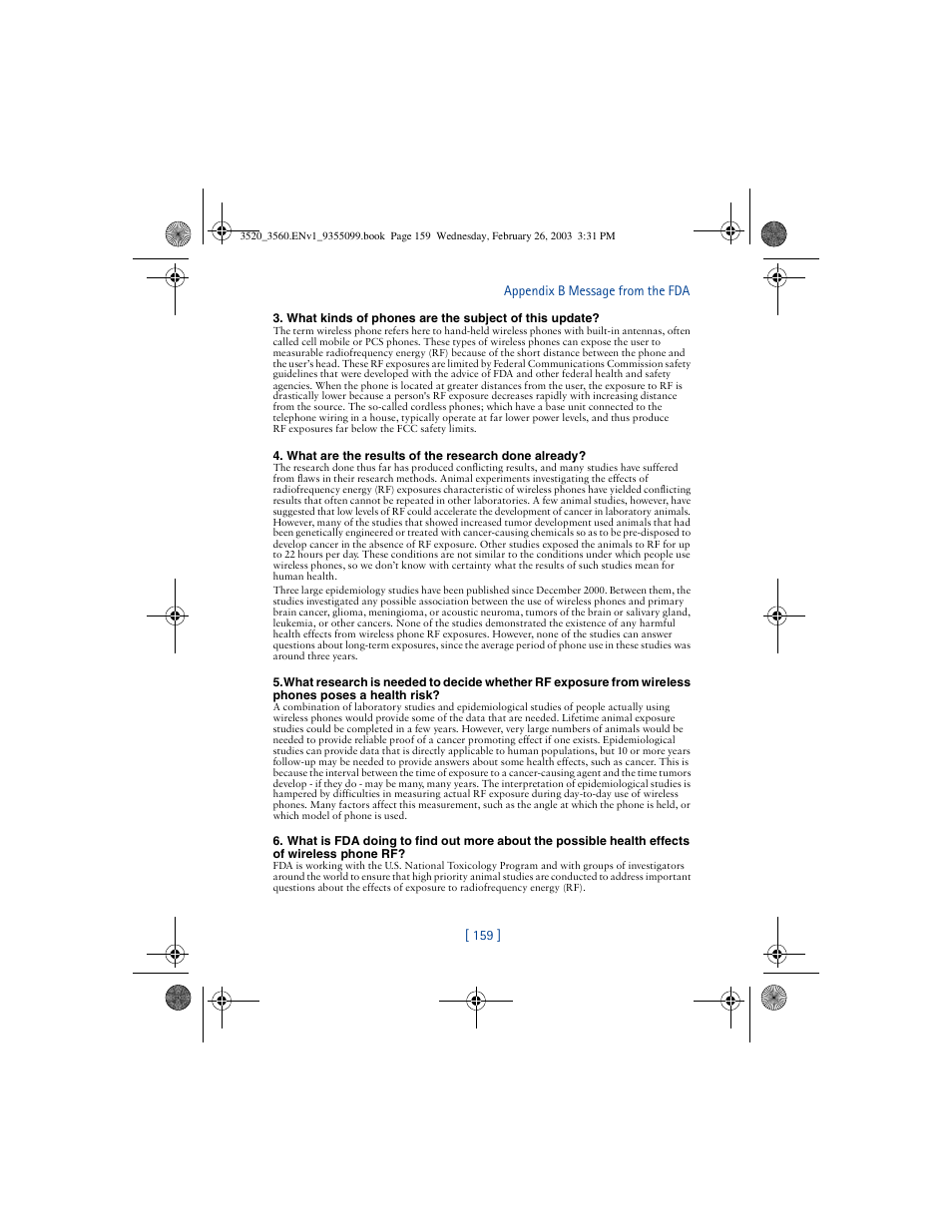 159 ] appendix b message from the fda | Nokia 3520 User Manual | Page 169 / 184