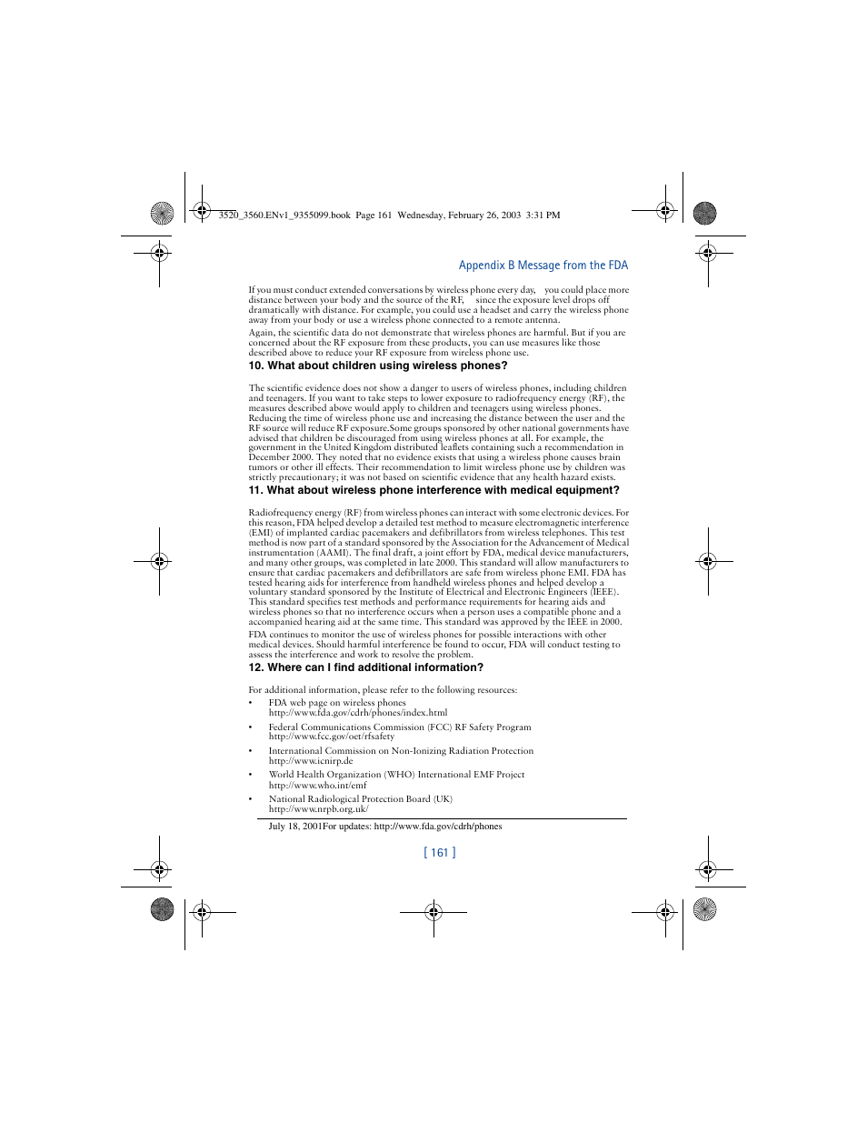 161 ] appendix b message from the fda | Nokia 3520 User Manual | Page 171 / 184