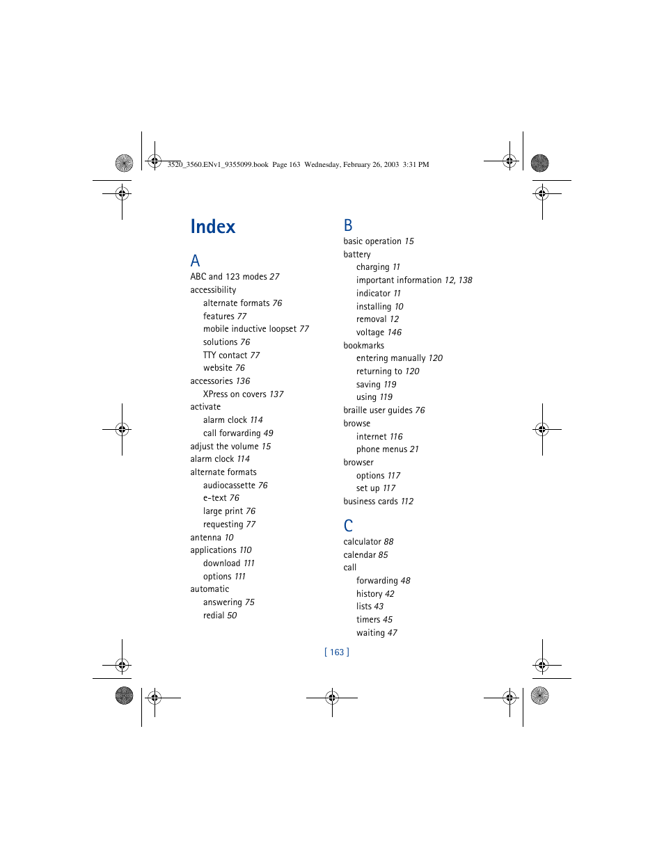 Index | Nokia 3520 User Manual | Page 173 / 184