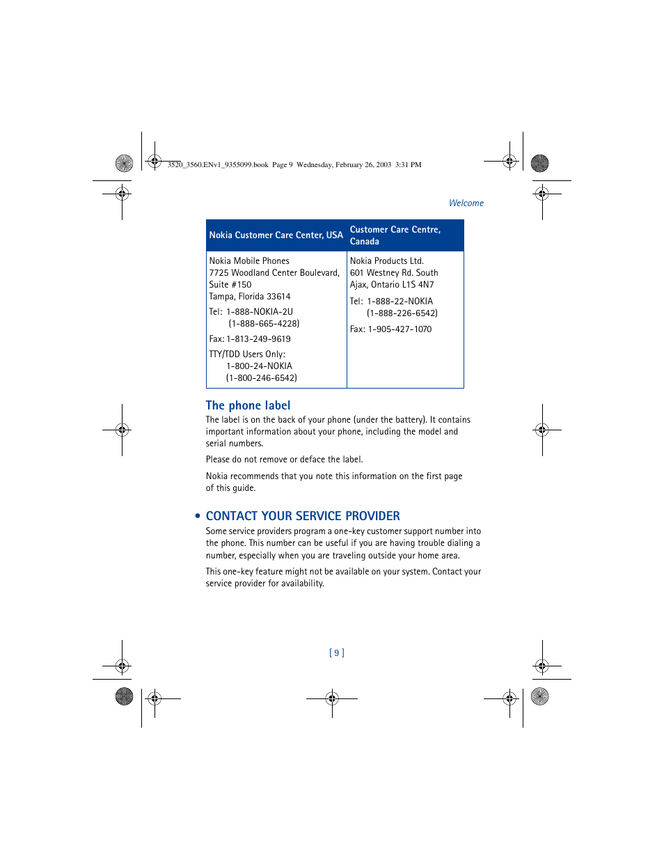 The phone label, Contact your service provider | Nokia 3520 User Manual | Page 19 / 184