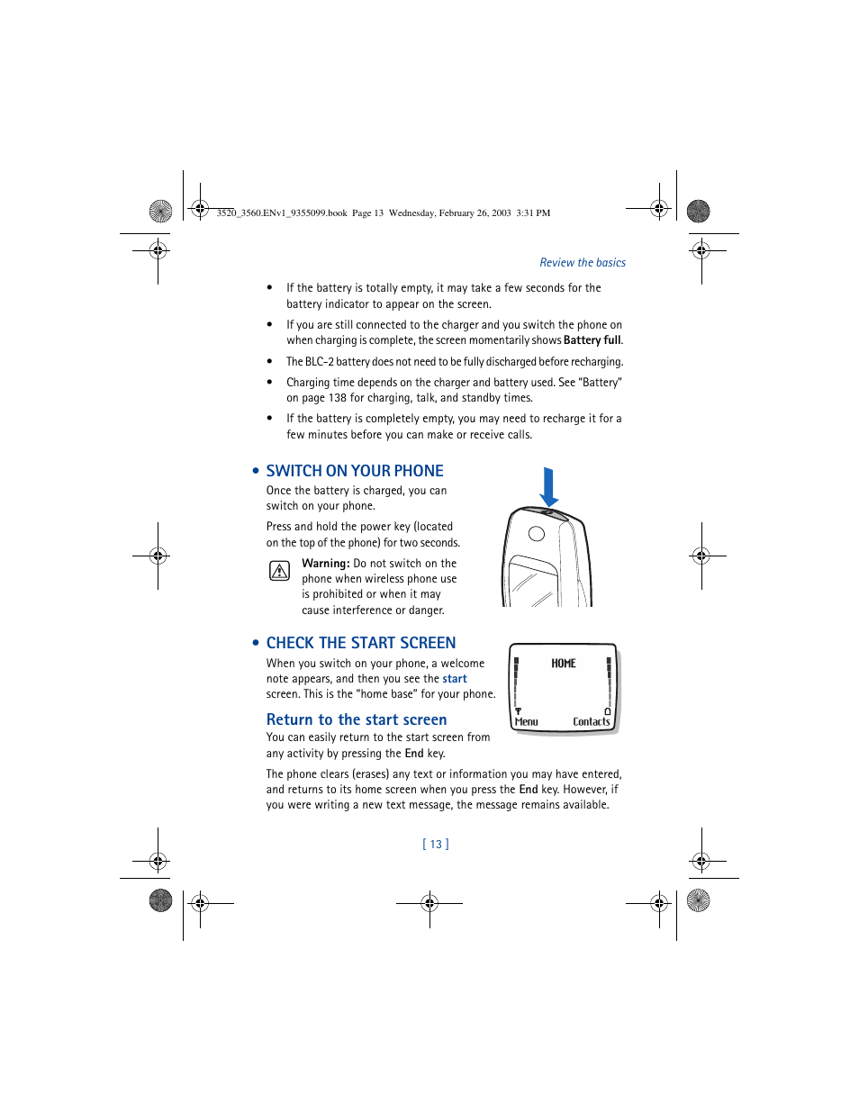 Switch on your phone, Check the start screen, Return to the start screen | Nokia 3520 User Manual | Page 23 / 184