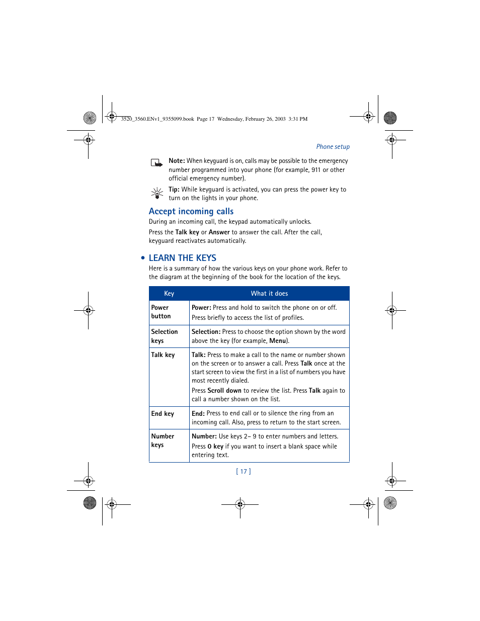 Accept incoming calls, Learn the keys | Nokia 3520 User Manual | Page 27 / 184