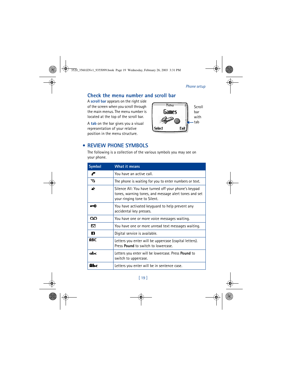 Check the menu number and scroll bar, Review phone symbols | Nokia 3520 User Manual | Page 29 / 184