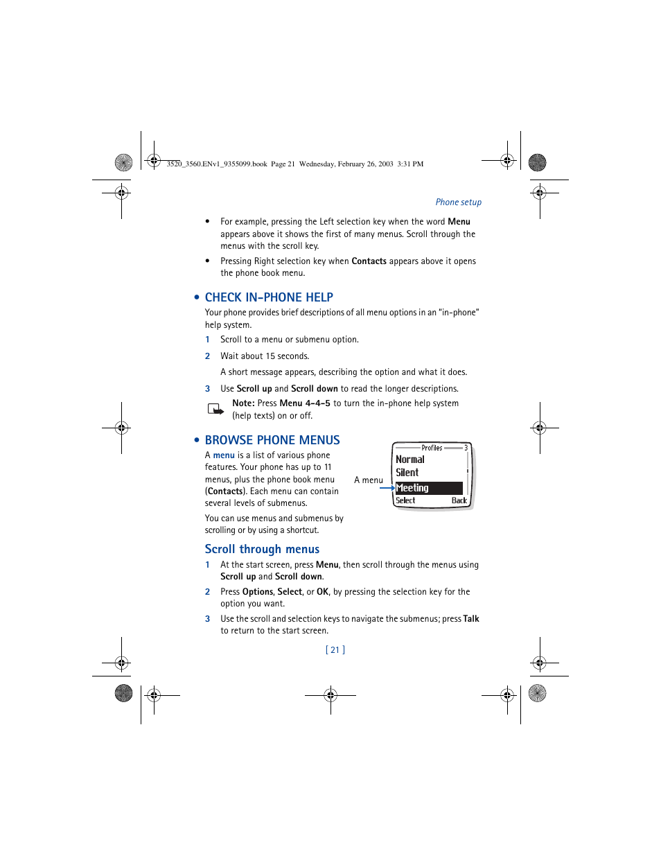 Check in-phone help, Browse phone menus, Scroll through menus | Nokia 3520 User Manual | Page 31 / 184