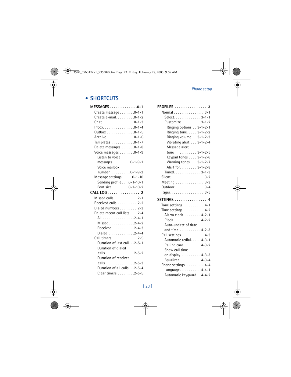 Shortcuts | Nokia 3520 User Manual | Page 33 / 184