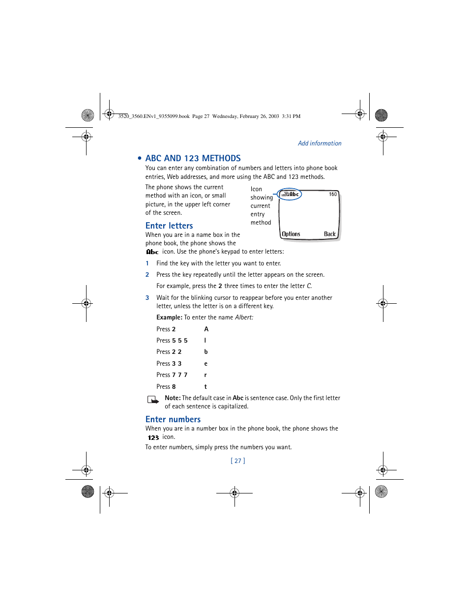 Abc and 123 methods, Enter letters, Enter numbers | Nokia 3520 User Manual | Page 37 / 184