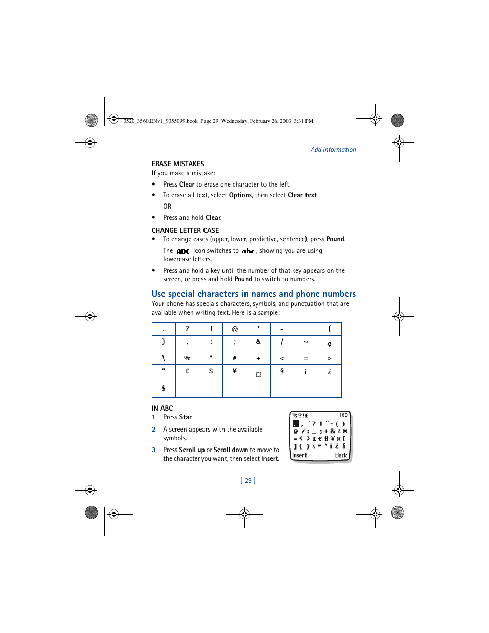 Use special characters in names and phone numbers | Nokia 3520 User Manual | Page 39 / 184