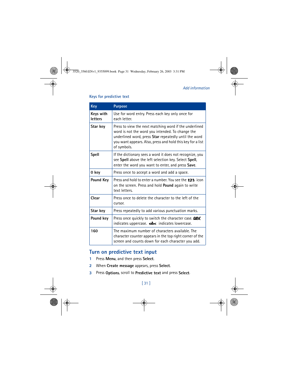 Turn on predictive text input | Nokia 3520 User Manual | Page 41 / 184