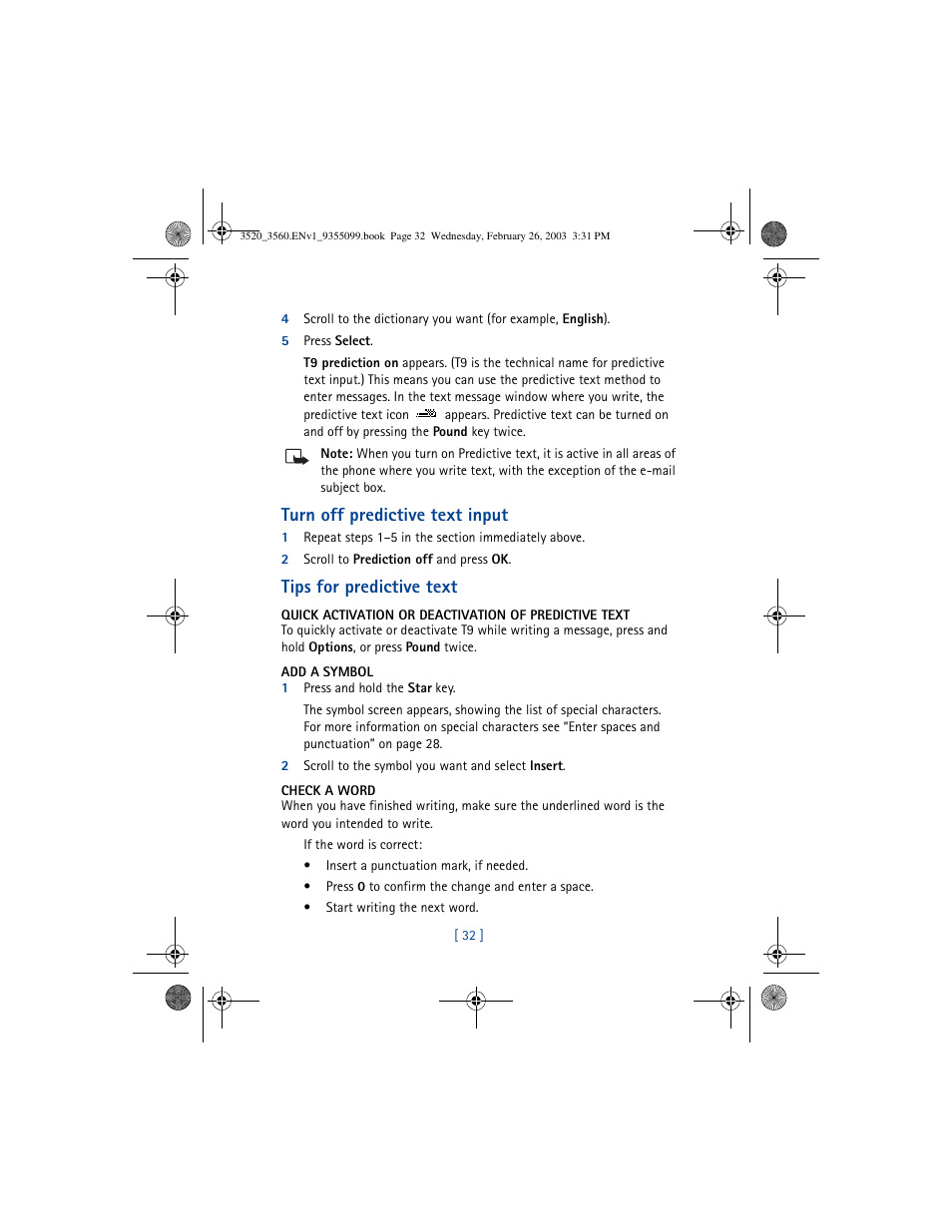 Turn off predictive text input, Tips for predictive text | Nokia 3520 User Manual | Page 42 / 184