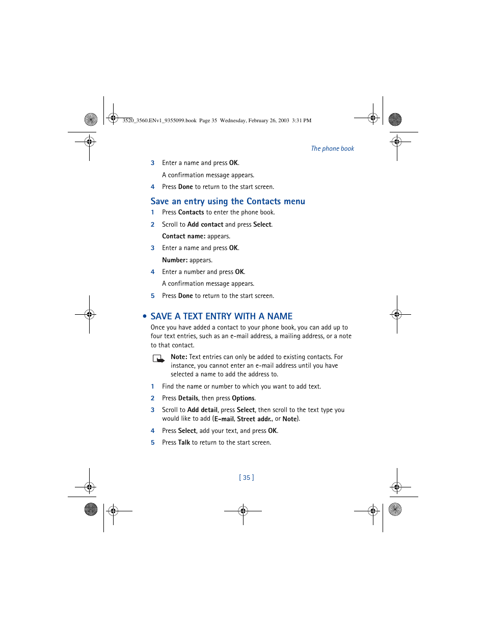 Save an entry using the contacts menu, Save a text entry with a name | Nokia 3520 User Manual | Page 45 / 184