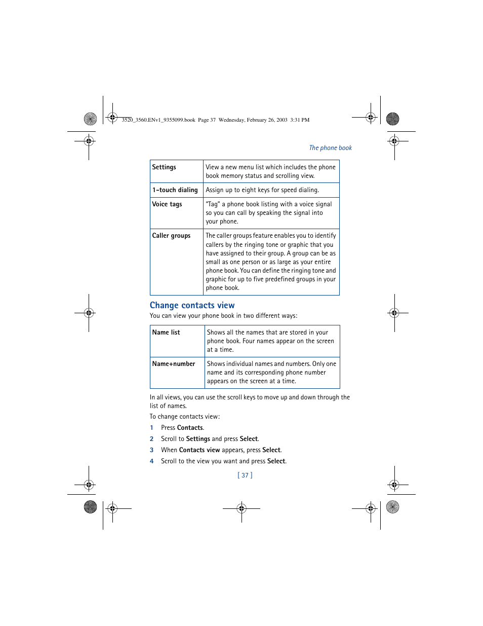 Change contacts view | Nokia 3520 User Manual | Page 47 / 184