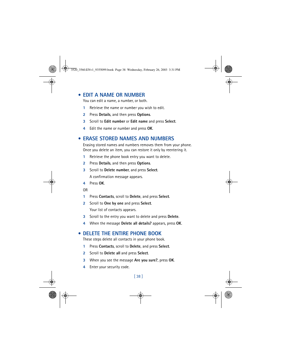 Edit a name or number, Erase stored names and numbers, Delete the entire phone book | Nokia 3520 User Manual | Page 48 / 184
