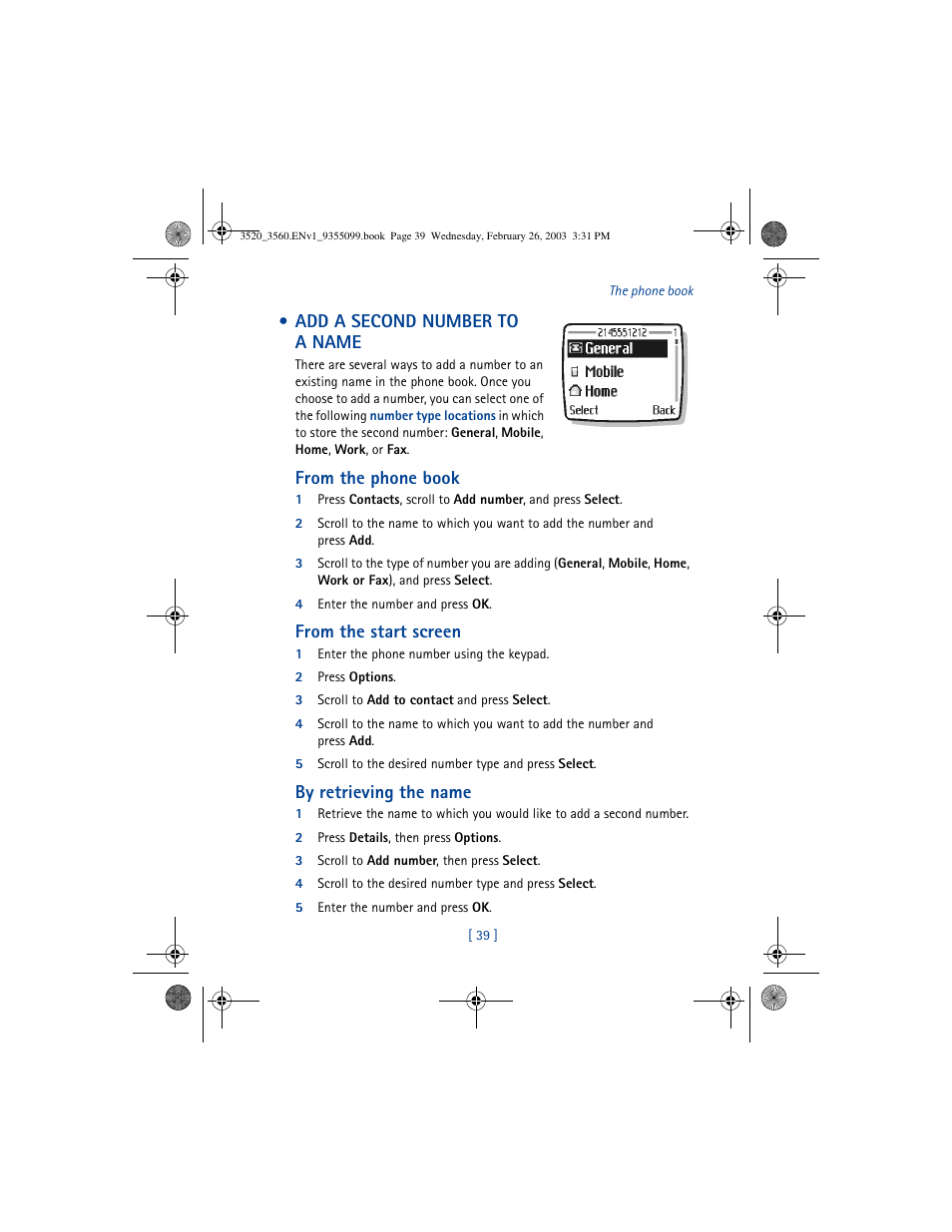 Add a second number to a name, By retrieving the name | Nokia 3520 User Manual | Page 49 / 184