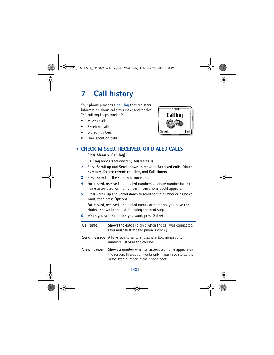 7call history | Nokia 3520 User Manual | Page 52 / 184