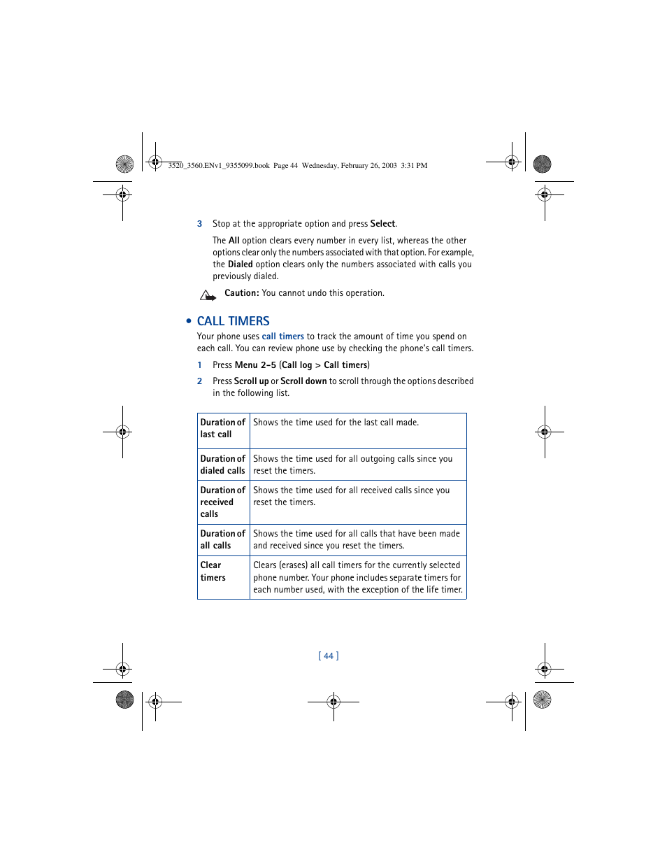 Call timers | Nokia 3520 User Manual | Page 54 / 184