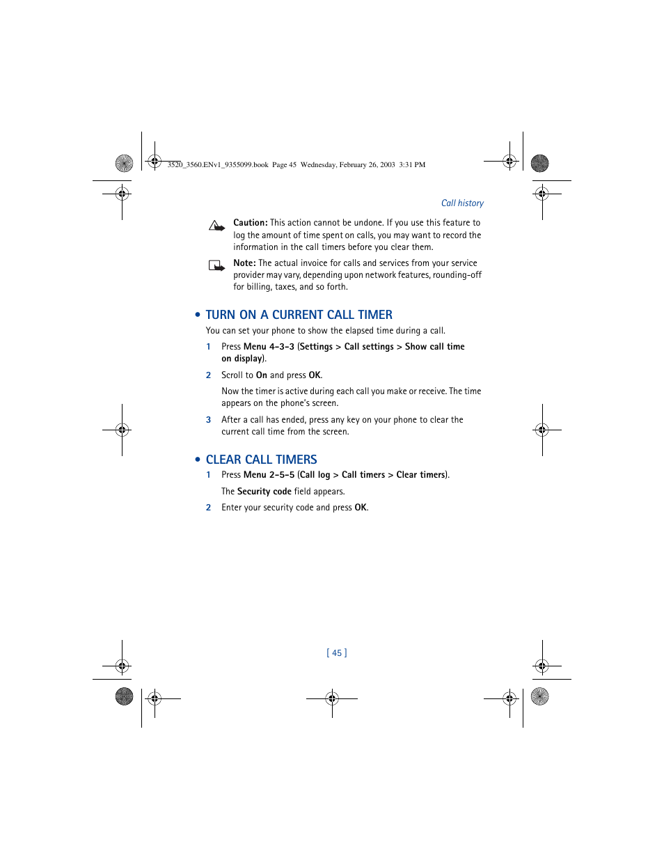 Turn on a current call timer, Clear call timers | Nokia 3520 User Manual | Page 55 / 184