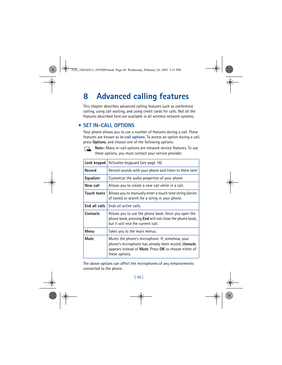 8advanced calling features | Nokia 3520 User Manual | Page 56 / 184