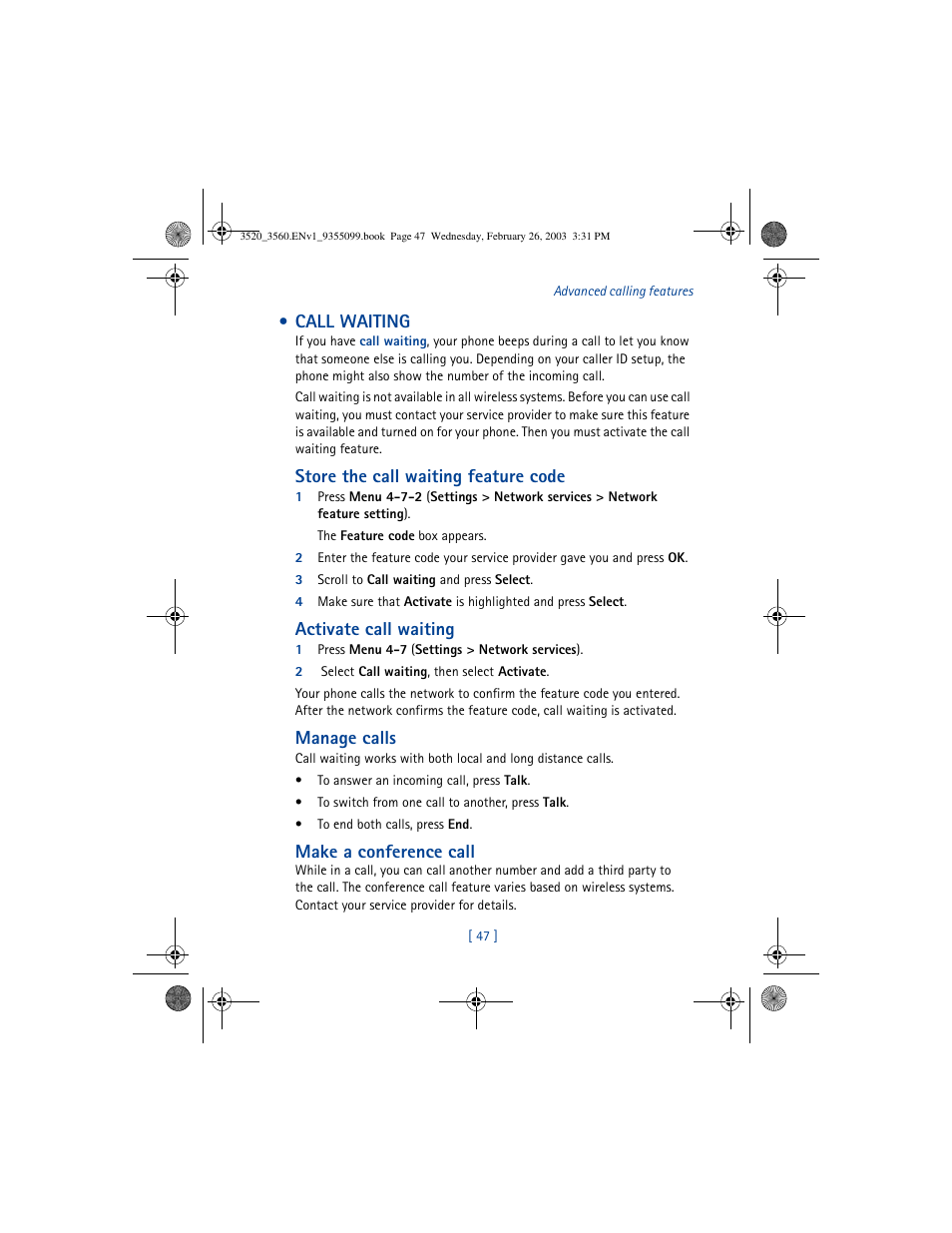 Call waiting, Store the call waiting feature code, Activate call waiting | Manage calls, Make a conference call | Nokia 3520 User Manual | Page 57 / 184