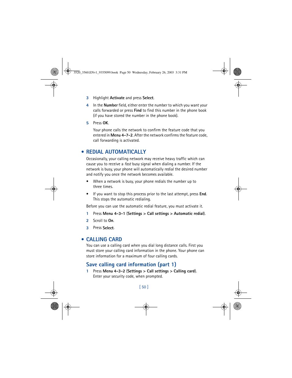 Redial automatically, Calling card, Save calling card information (part 1) | Nokia 3520 User Manual | Page 60 / 184