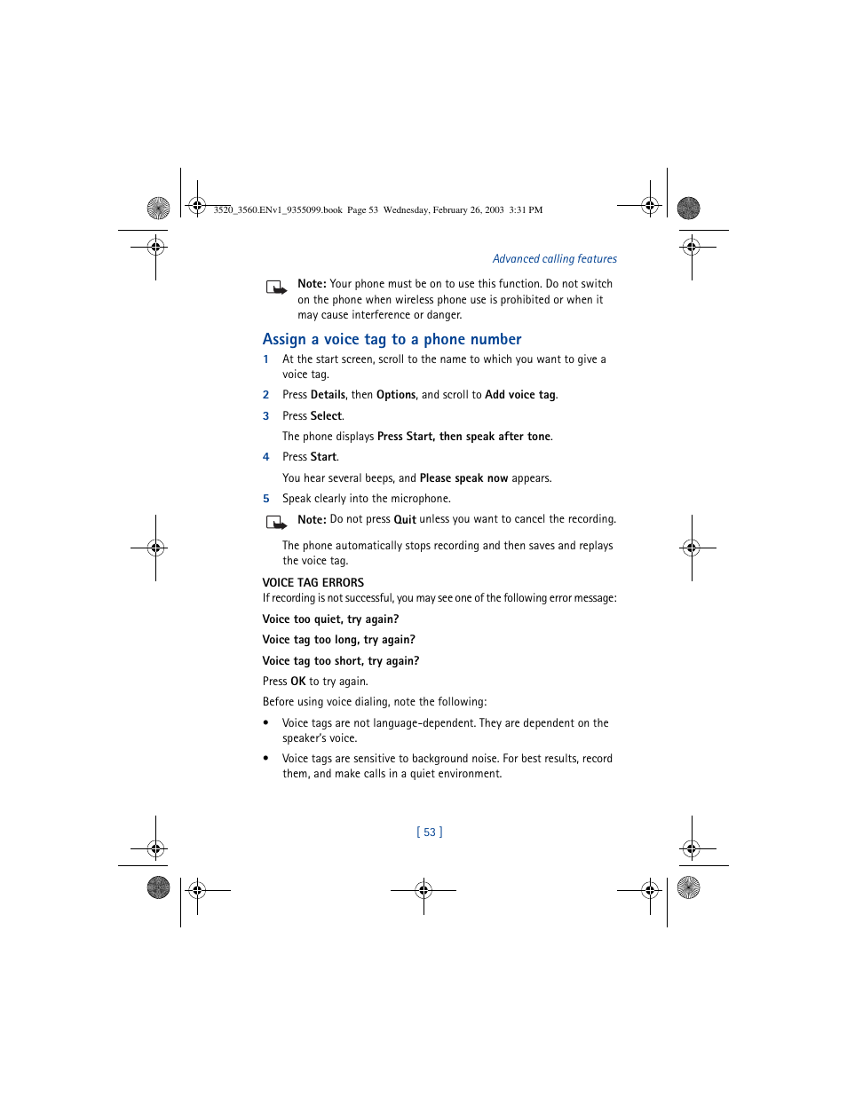 Assign a voice tag to a phone number | Nokia 3520 User Manual | Page 63 / 184