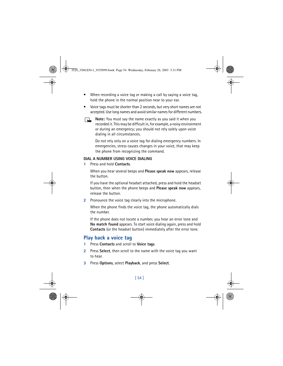 Play back a voice tag | Nokia 3520 User Manual | Page 64 / 184