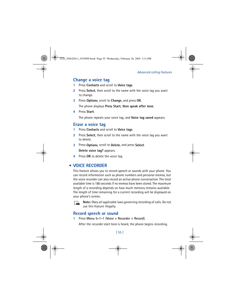 Change a voice tag, Erase a voice tag, Voice recorder | Record speech or sound | Nokia 3520 User Manual | Page 65 / 184