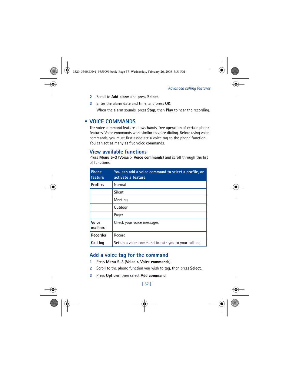 Voice commands, View available functions, Add a voice tag for the command | Nokia 3520 User Manual | Page 67 / 184