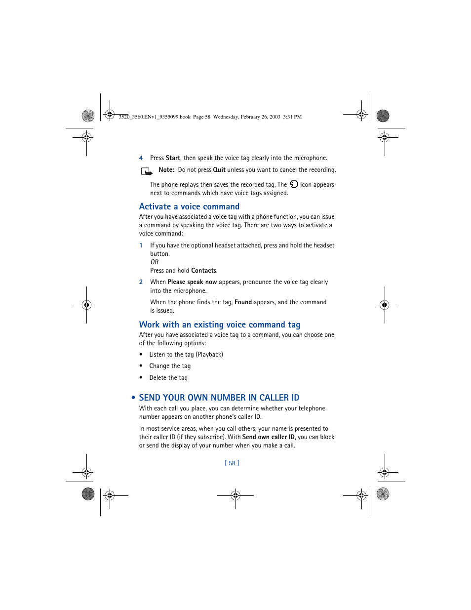 Activate a voice command, Work with an existing voice command tag, Send your own number in caller id | Nokia 3520 User Manual | Page 68 / 184