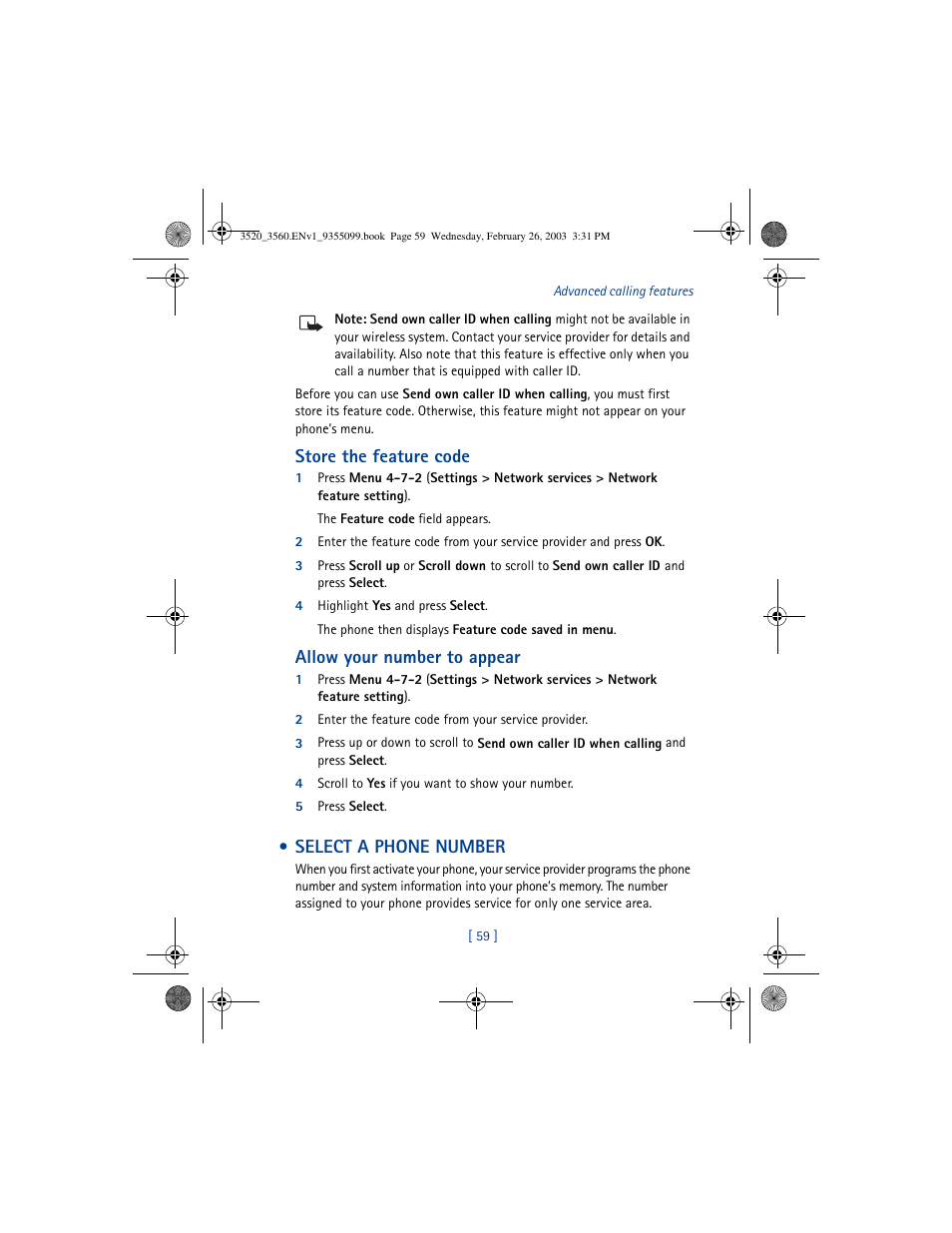 Store the feature code, Allow your number to appear, Select a phone number | Nokia 3520 User Manual | Page 69 / 184