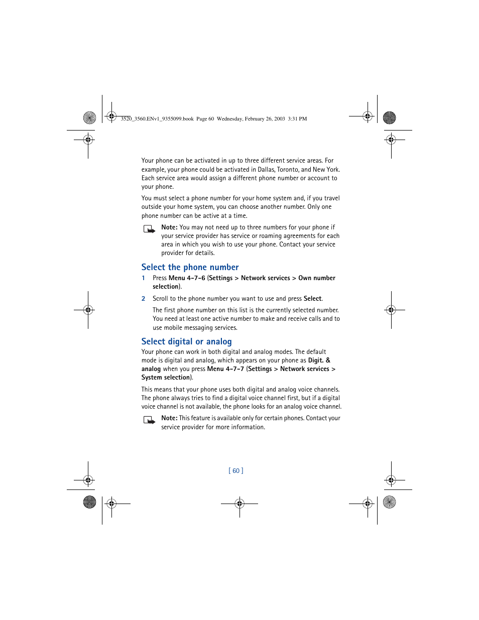 Select the phone number, Select digital or analog | Nokia 3520 User Manual | Page 70 / 184