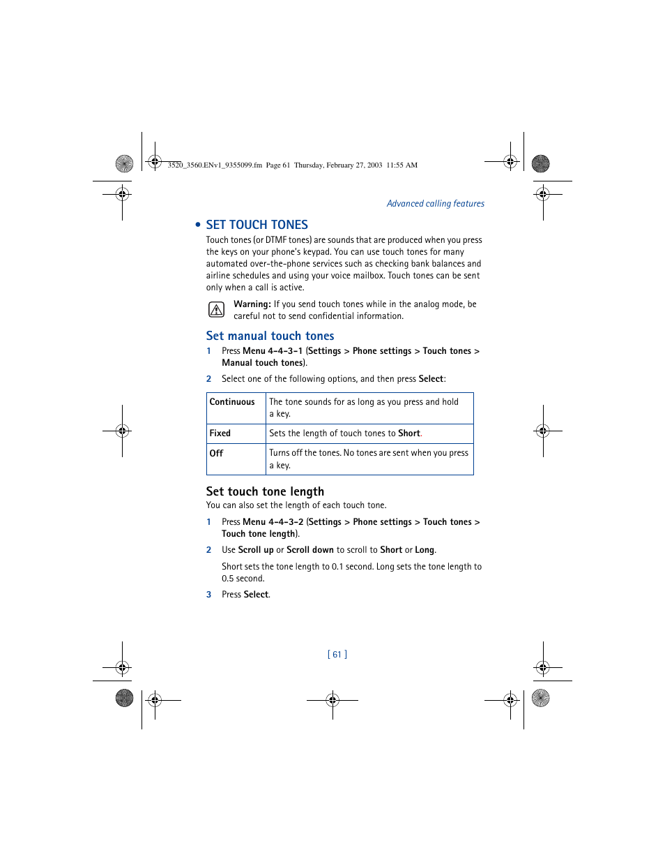 Set touch tones, Set manual touch tones, Set touch tone length | Nokia 3520 User Manual | Page 71 / 184