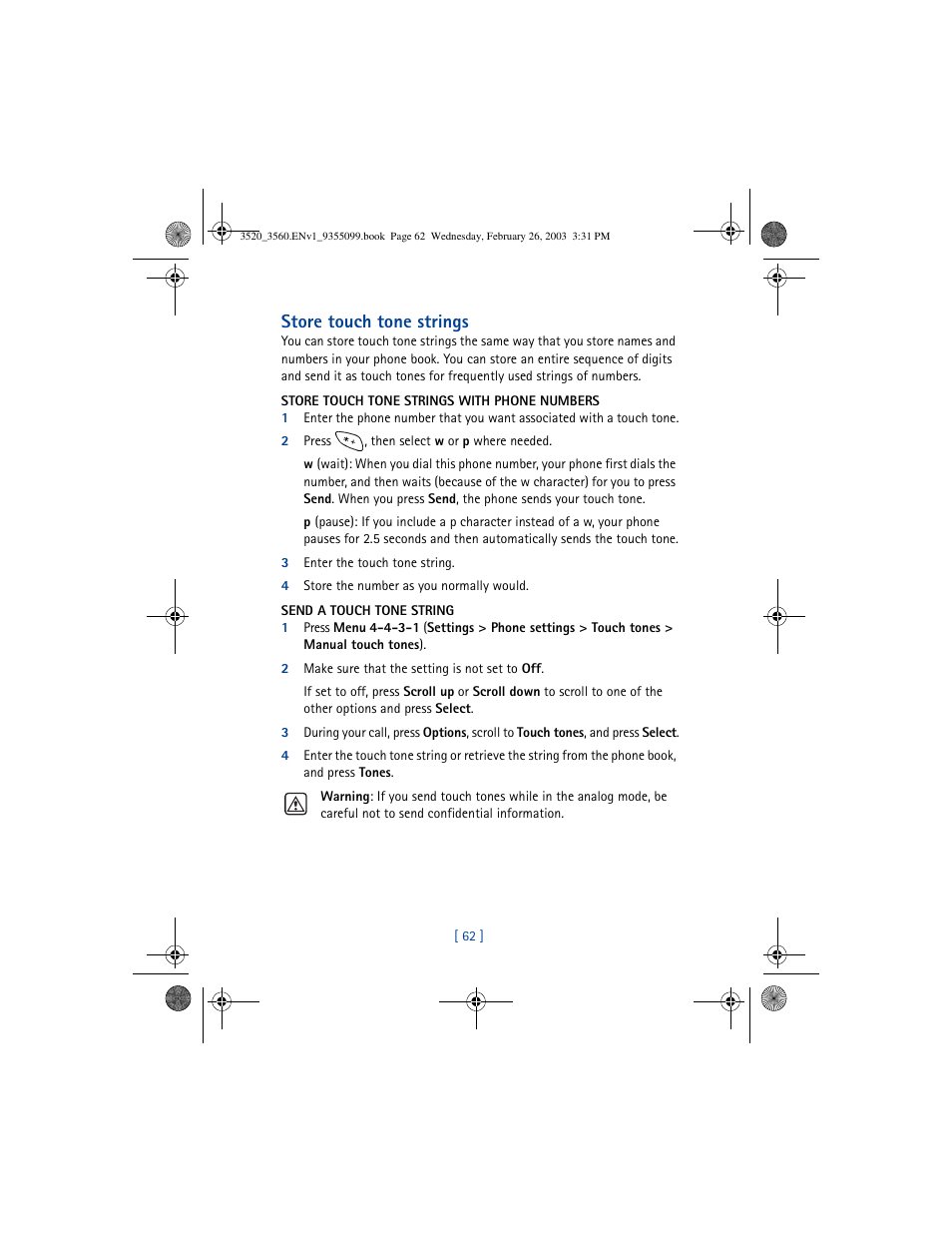 Store touch tone strings | Nokia 3520 User Manual | Page 72 / 184