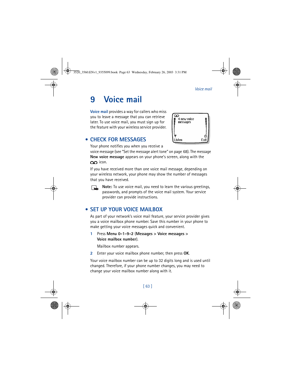 9voice mail | Nokia 3520 User Manual | Page 73 / 184
