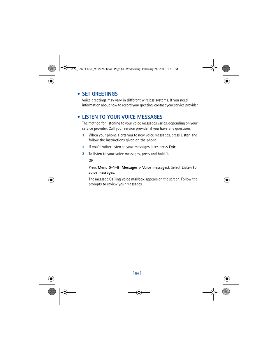 Set greetings, Listen to your voice messages | Nokia 3520 User Manual | Page 74 / 184