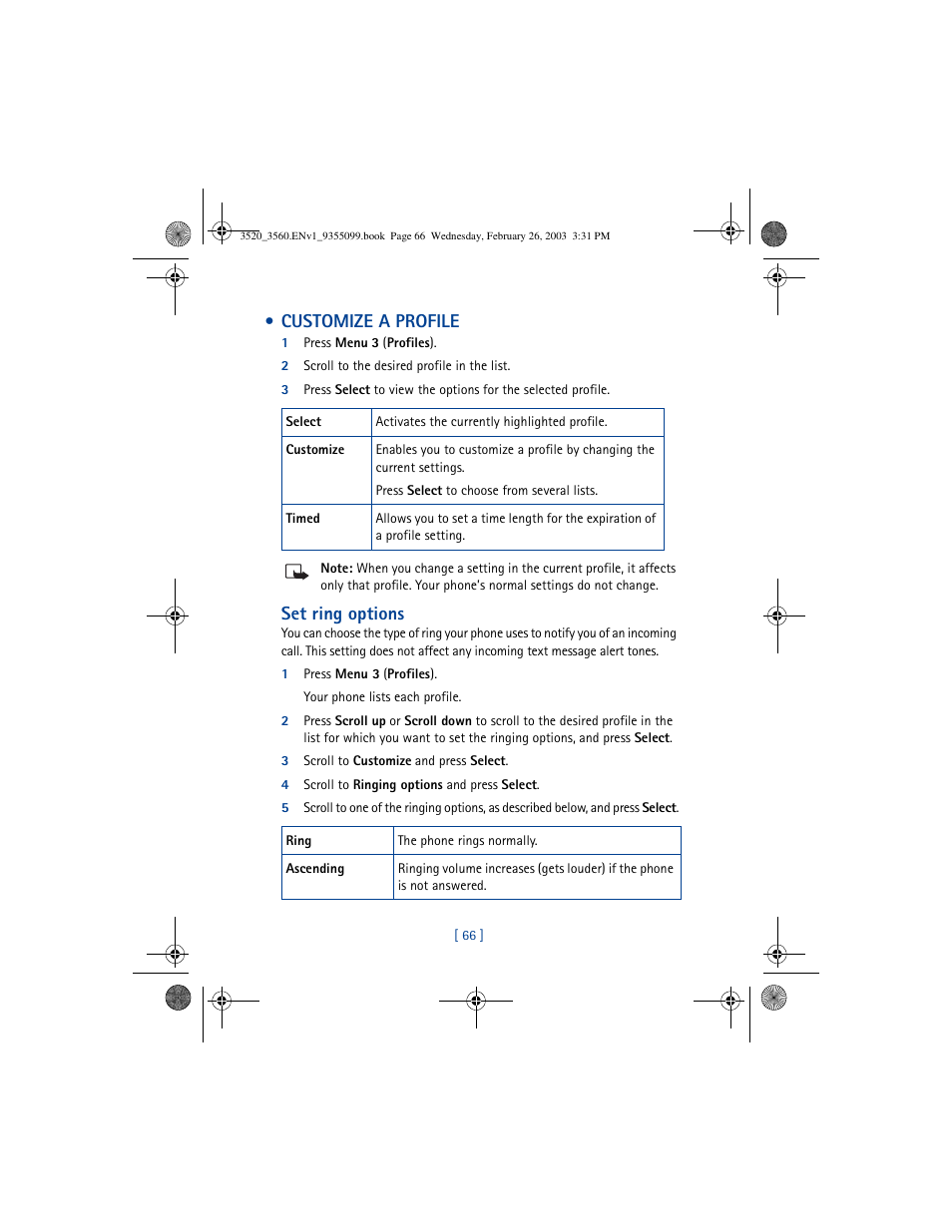 Customize a profile, Set ring options | Nokia 3520 User Manual | Page 76 / 184