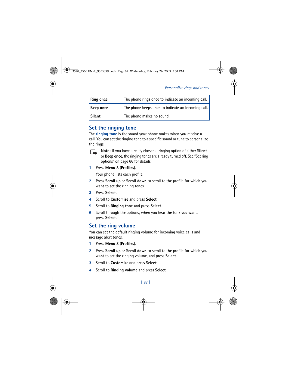 Set the ringing tone, Set the ring volume | Nokia 3520 User Manual | Page 77 / 184