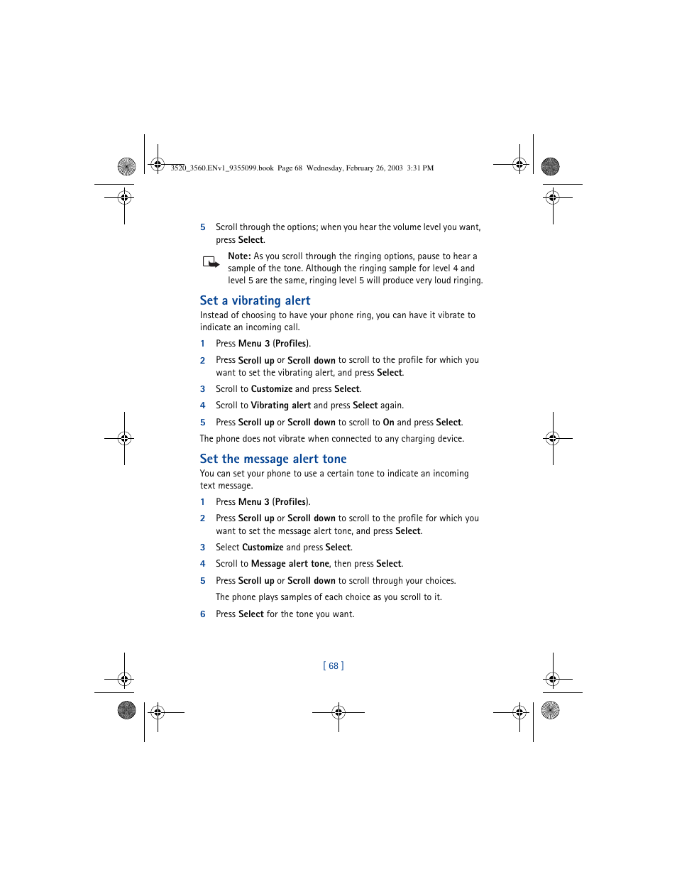 Set a vibrating alert, Set the message alert tone | Nokia 3520 User Manual | Page 78 / 184