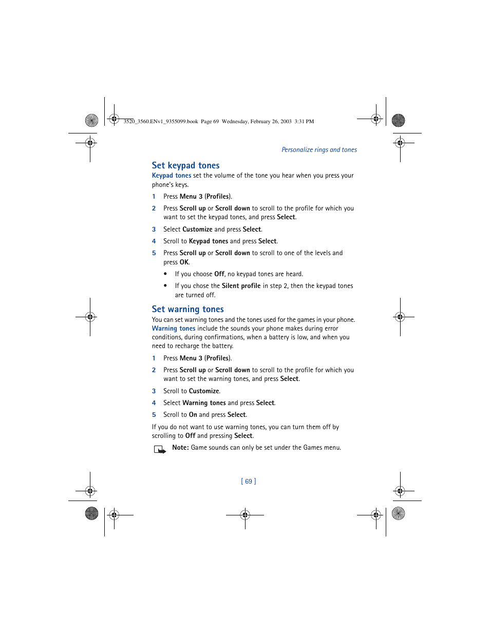 Set keypad tones, Set warning tones | Nokia 3520 User Manual | Page 79 / 184