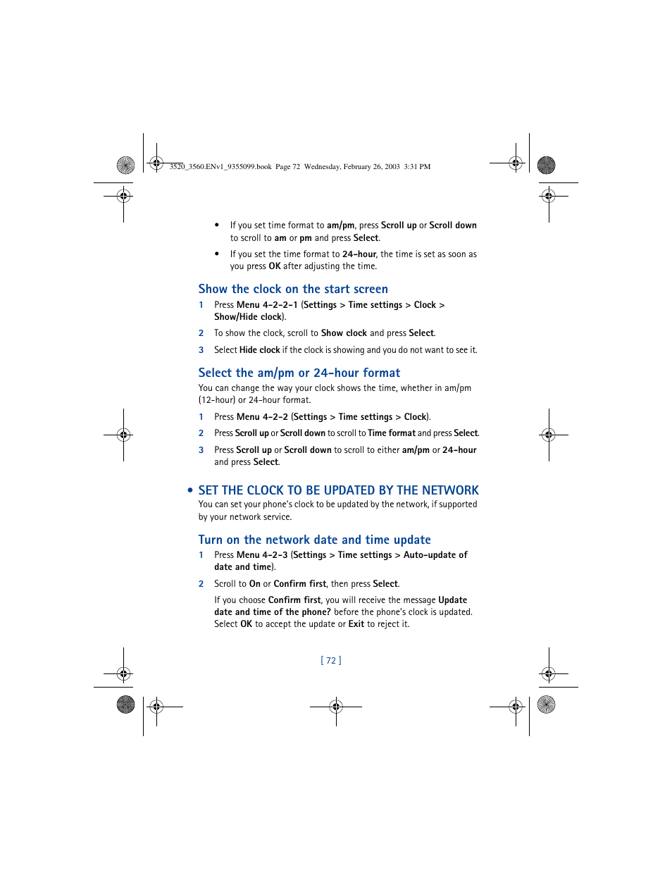 Show the clock on the start screen, Select the am/pm or 24-hour format, Set the clock to be updated by the network | Turn on the network date and time update | Nokia 3520 User Manual | Page 82 / 184