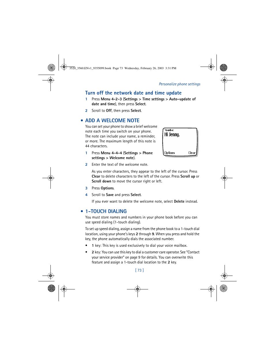 Turn off the network date and time update, Touch dialing | Nokia 3520 User Manual | Page 83 / 184