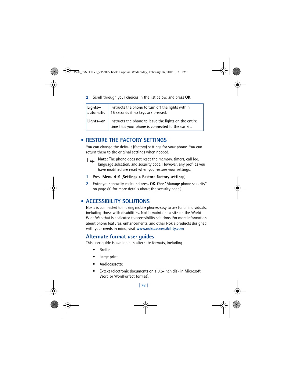 Restore the factory settings, Accessibility solutions, Alternate format user guides | Nokia 3520 User Manual | Page 86 / 184