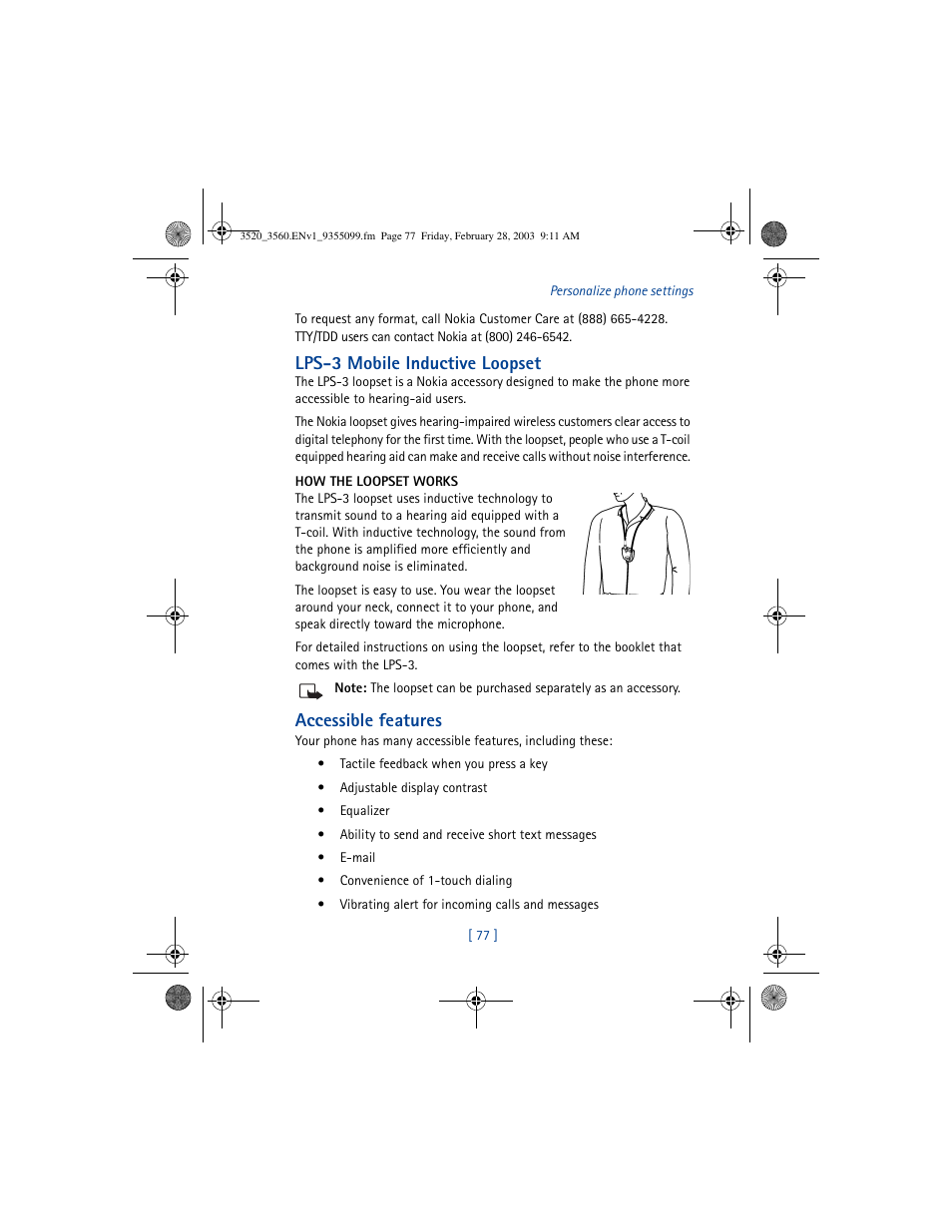 Lps-3 mobile inductive loopset, Accessible features | Nokia 3520 User Manual | Page 87 / 184