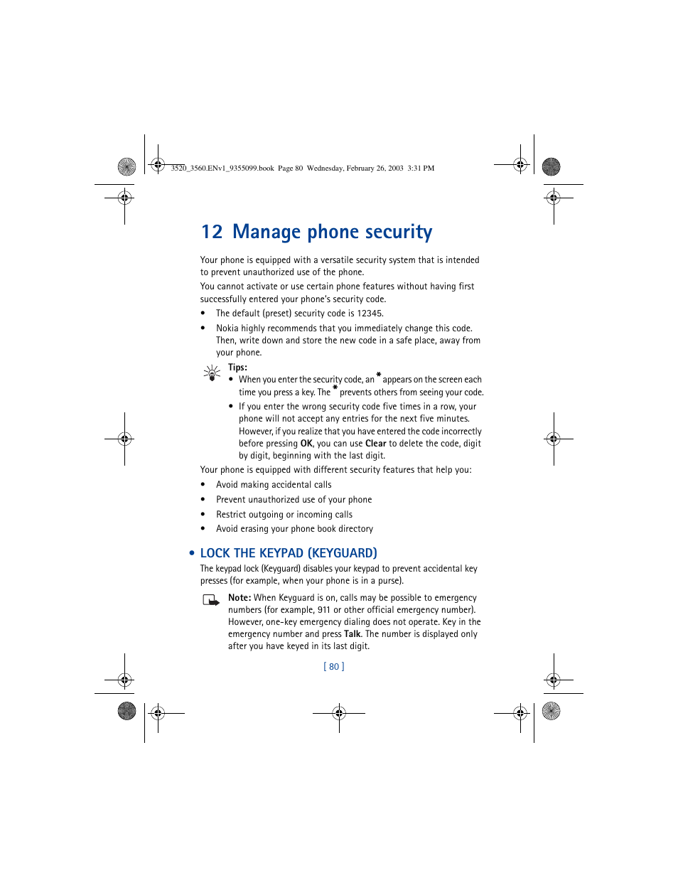 12 manage phone security | Nokia 3520 User Manual | Page 90 / 184