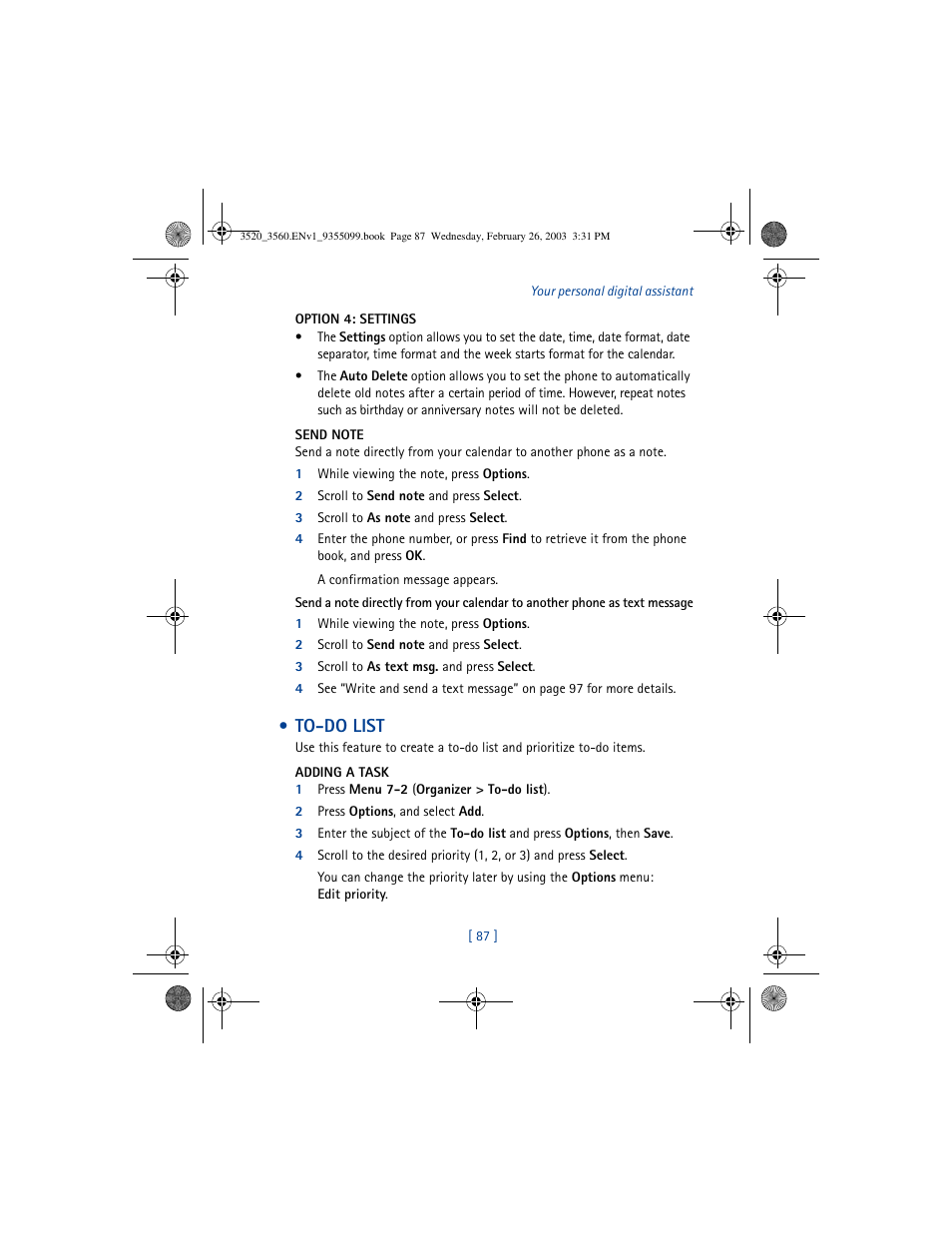 To-do list | Nokia 3520 User Manual | Page 97 / 184