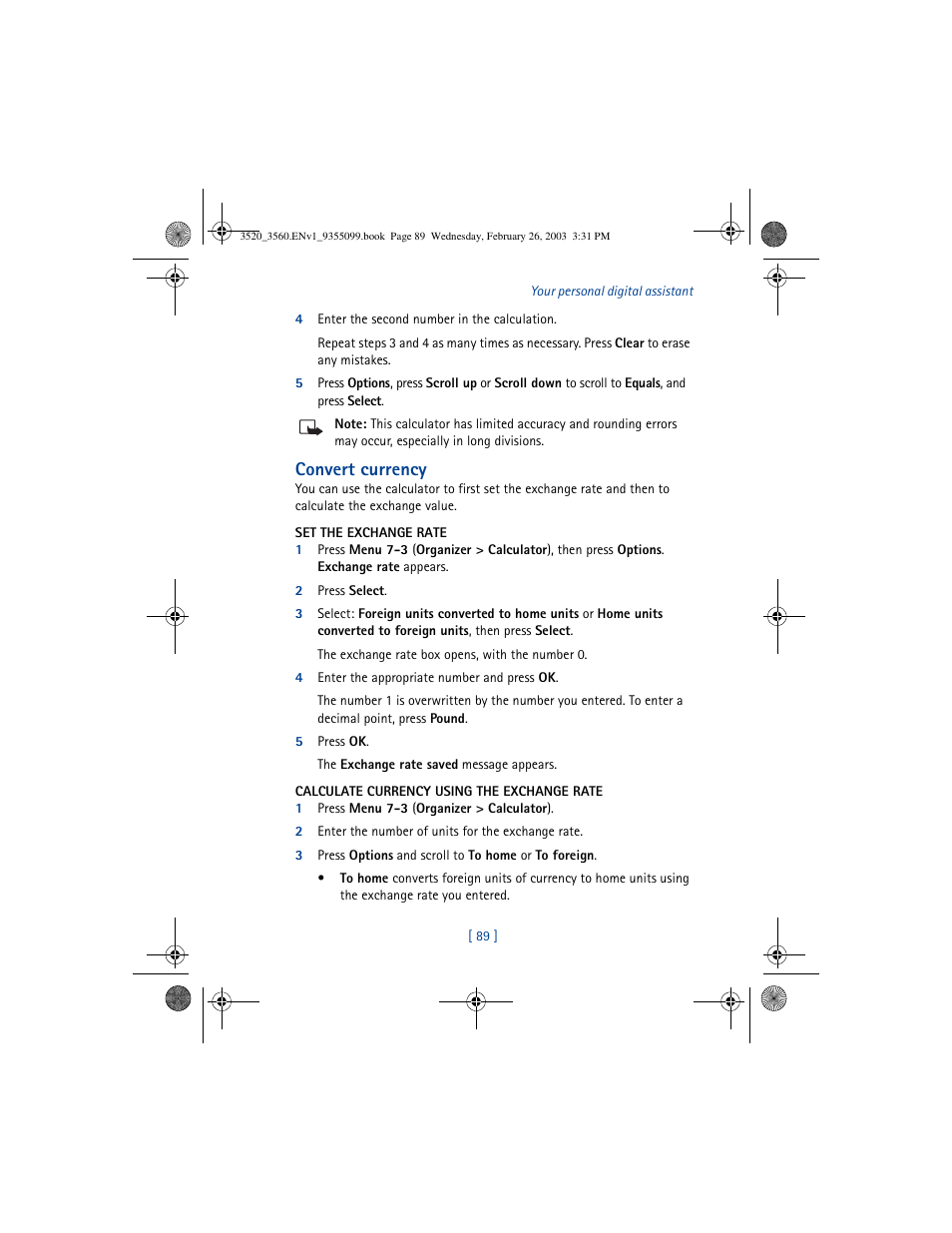 Convert currency | Nokia 3520 User Manual | Page 99 / 184