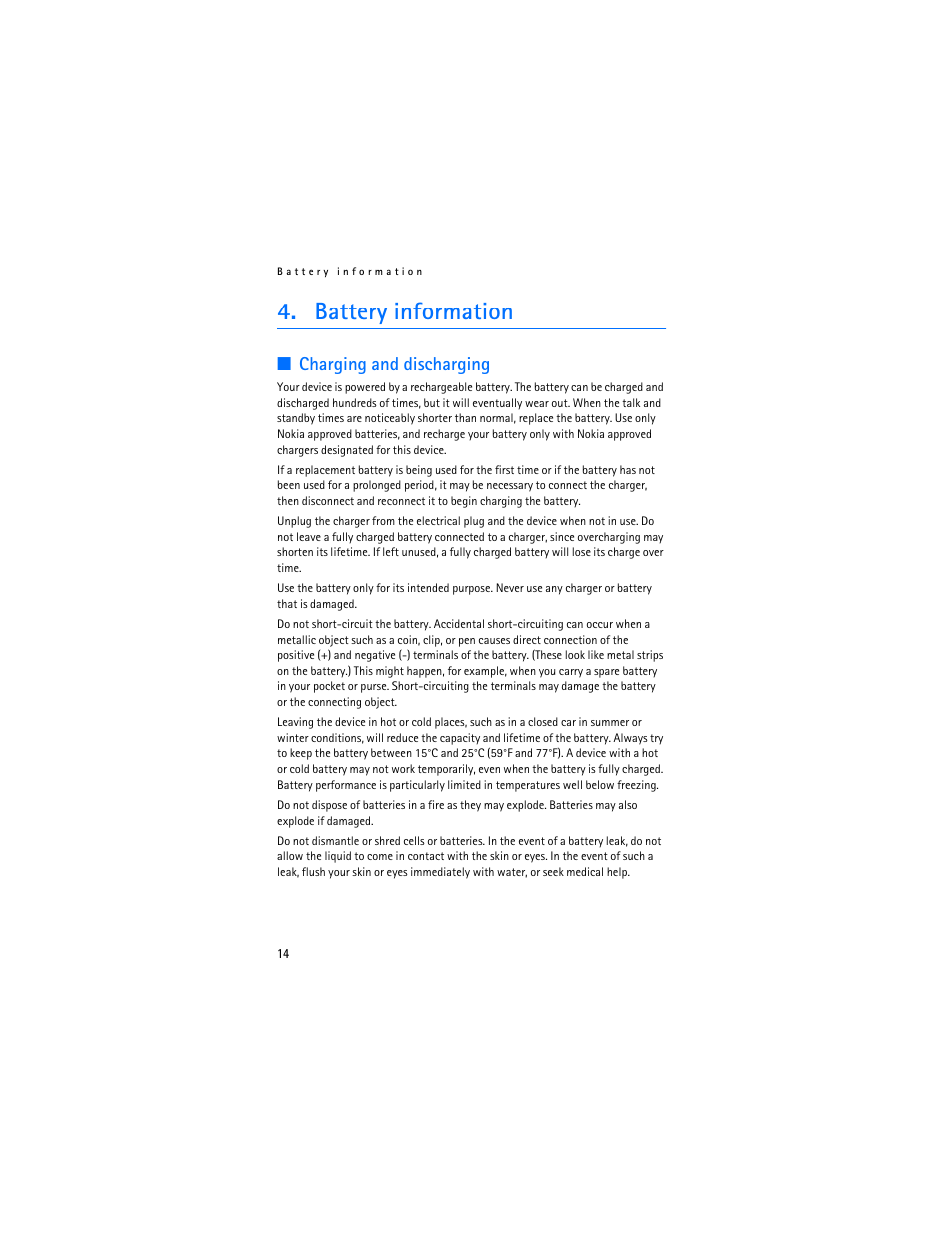 Battery information, Charging and discharging | Nokia HF-300 User Manual | Page 14 / 17