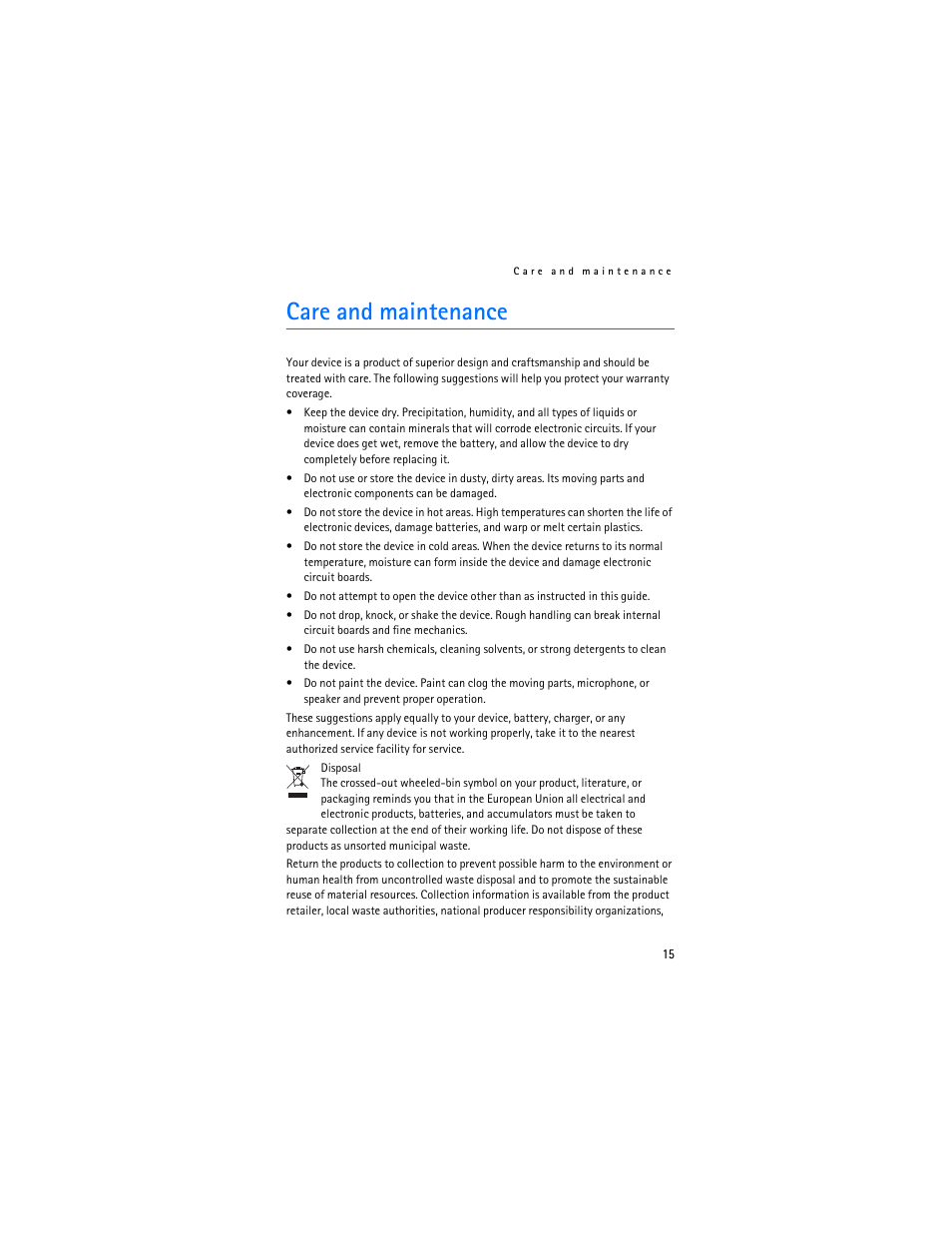 Care and maintenance | Nokia HF-300 User Manual | Page 15 / 17